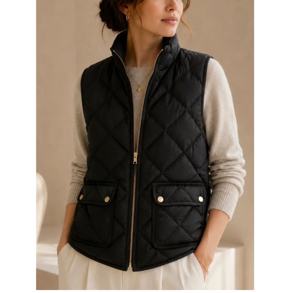 J.Crew Black Excursion Quilted Down Puffer Vest Gold Hardware Womens Medium